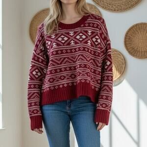 AE American Eagle Crew Neck Knit Sweater Large Red White Ski Winter Holiday